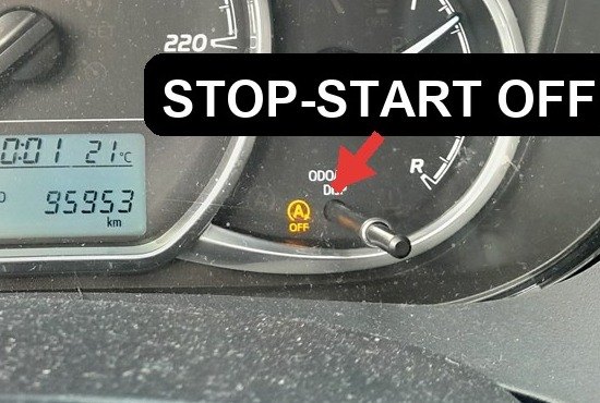 Toyota Yaris XP130 instrument cluster amber circled-A A-OFF indicator showing the Stop and Start system is switched off