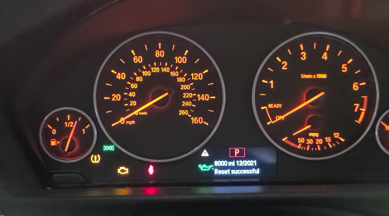 BMW 3 Series F30 instrument cluster showing Reset successful after the service reset