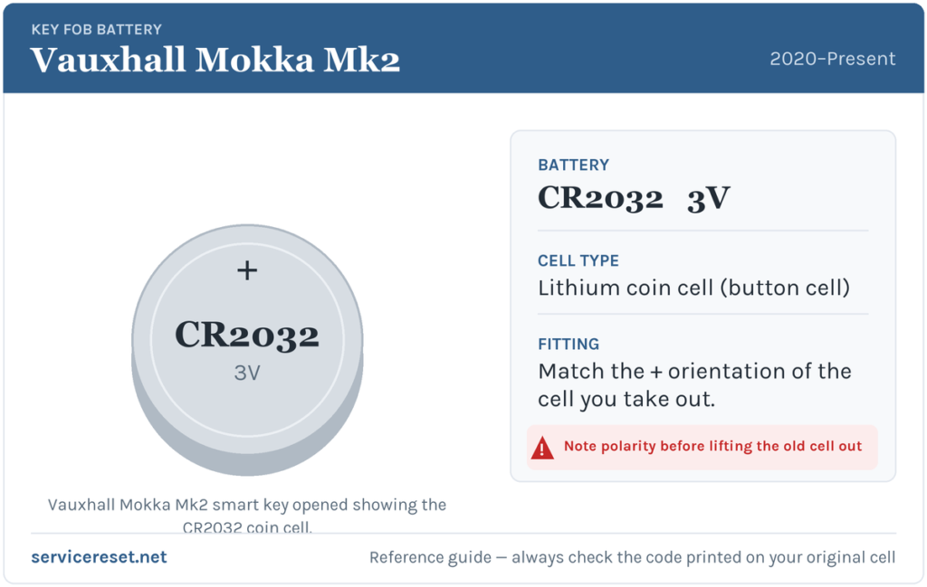 Vauxhall Mokka Mk2 key fob battery reference card showing the CR2032 3V coin cell.