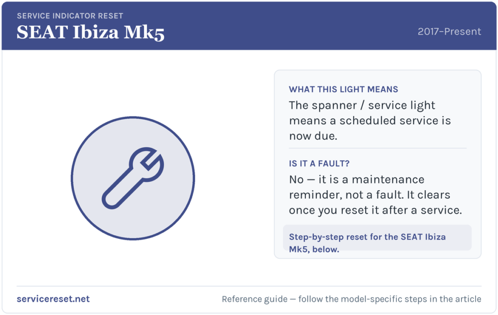 SEAT Ibiza Mk5 service indicator / spanner warning light and reset reference.