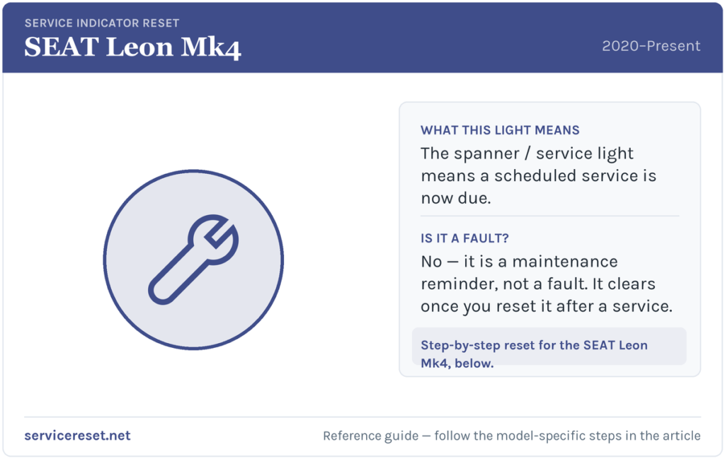 SEAT Leon Mk4 service indicator / spanner warning light and reset reference.