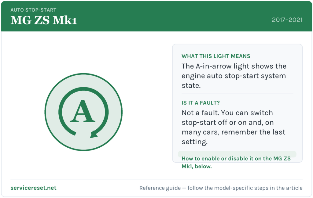 MG ZS Mk1 auto stop-start warning light and how to enable or disable it.