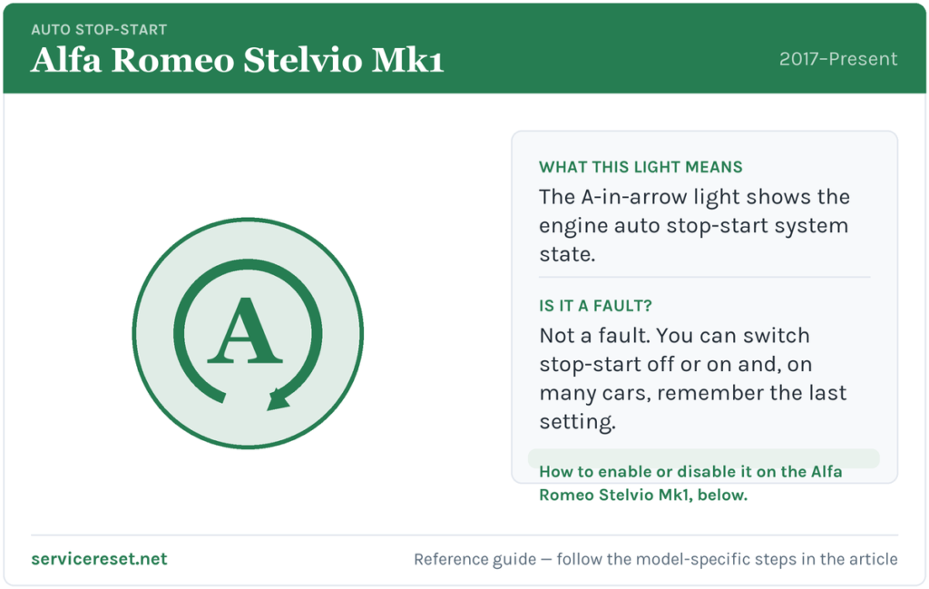 Alfa Romeo Stelvio Mk1 auto stop-start warning light and how to enable or disable it.