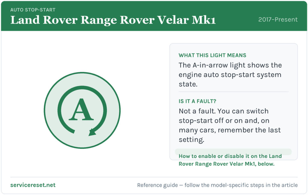 Land Rover Range Rover Velar Mk1 auto stop-start warning light and how to enable or disable it.