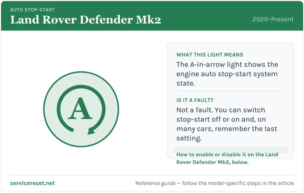 Land Rover Defender Mk2 auto stop-start warning light and how to enable or disable it.