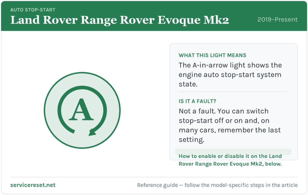 Land Rover Range Rover Evoque Mk2 auto stop-start warning light and how to enable or disable it.