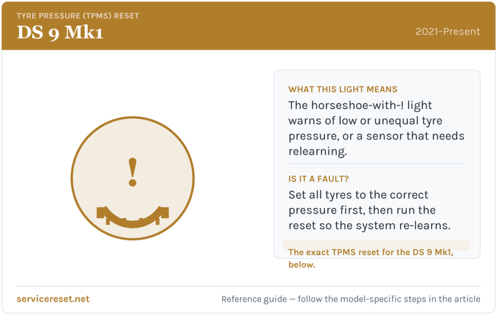 DS 9 Mk1 tyre-pressure (TPMS) warning light and reset reference.