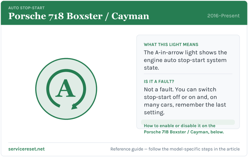Porsche 718 Boxster / Cayman auto stop-start warning light and how to enable or disable it.