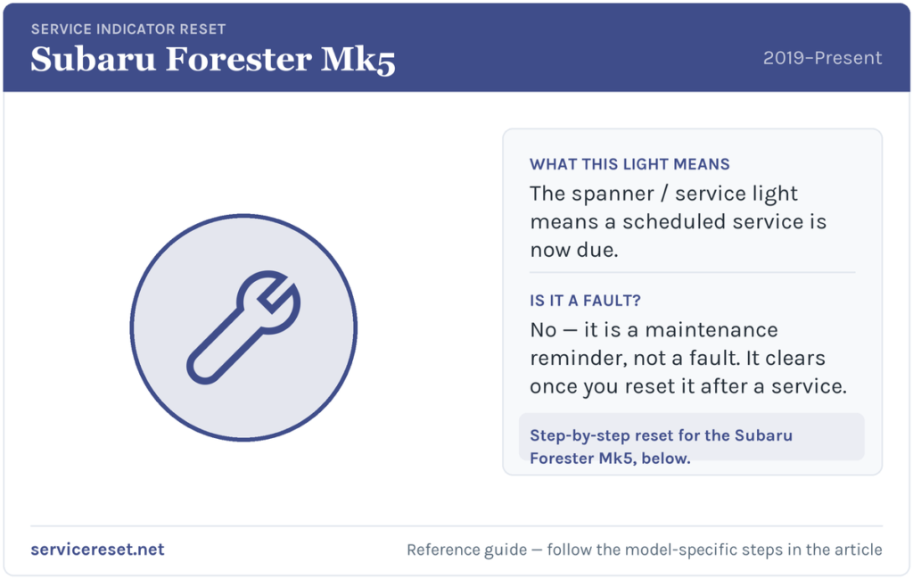 Subaru Forester Mk5 service indicator / spanner warning light and reset reference.