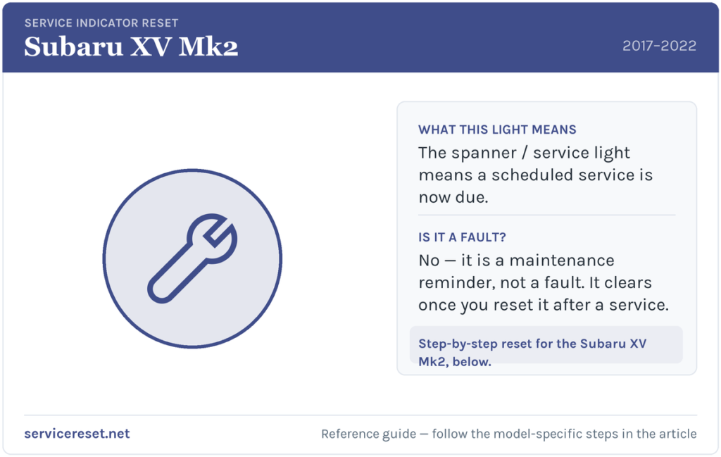 Subaru XV Mk2 service indicator / spanner warning light and reset reference.