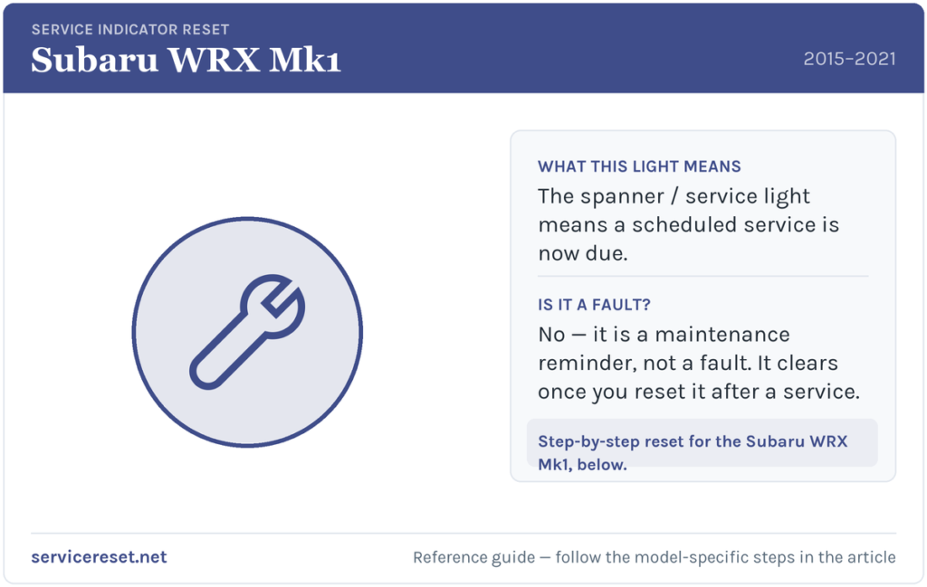 Subaru WRX Mk1 service indicator / spanner warning light and reset reference.