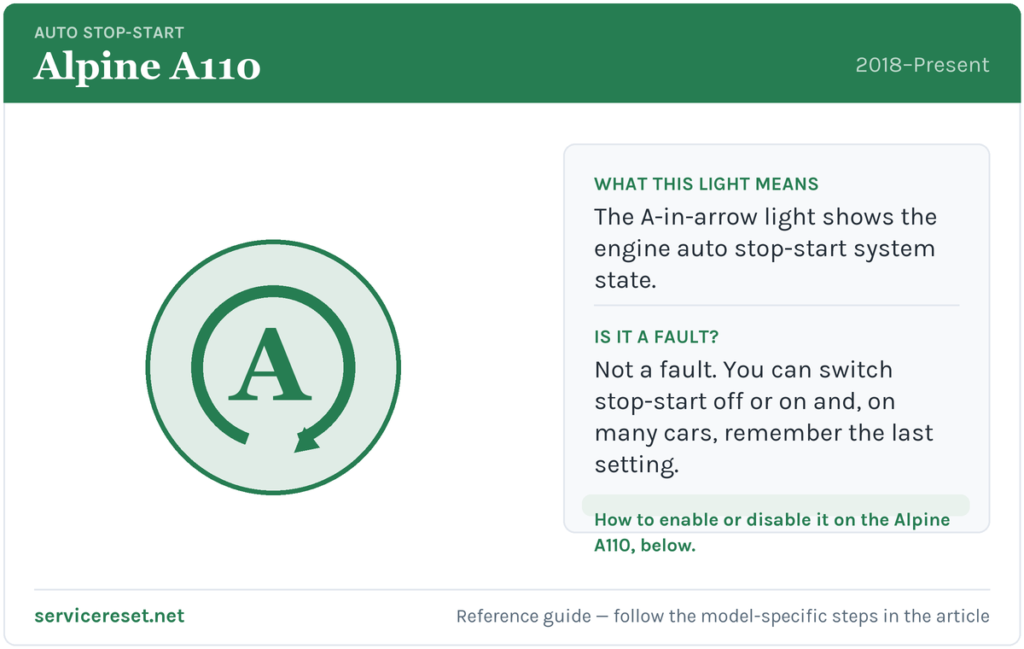 Alpine A110 auto stop-start warning light and how to enable or disable it.