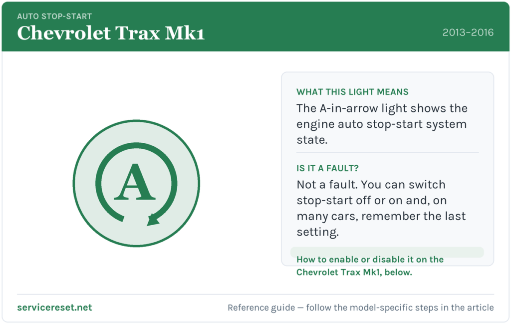 Chevrolet Trax Mk1 auto stop-start warning light and how to enable or disable it.