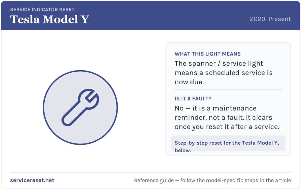 Tesla Model Y service indicator / spanner warning light and reset reference.