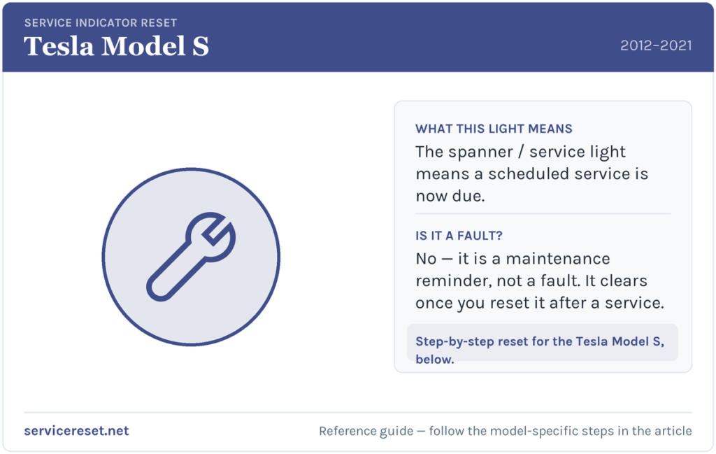 Tesla Model S service indicator / spanner warning light and reset reference.