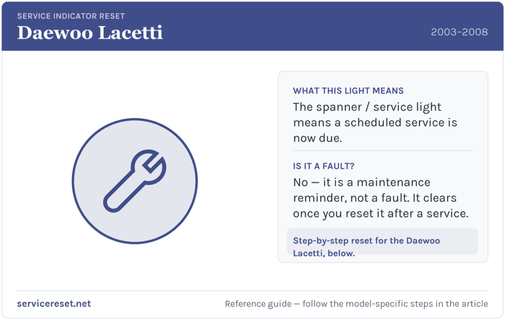 Daewoo Lacetti service indicator / spanner warning light and reset reference.