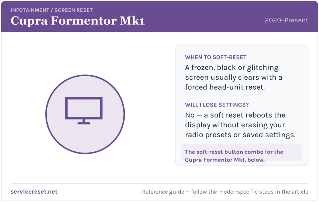 Cupra Formentor Mk1 infotainment screen soft-reset reference card.