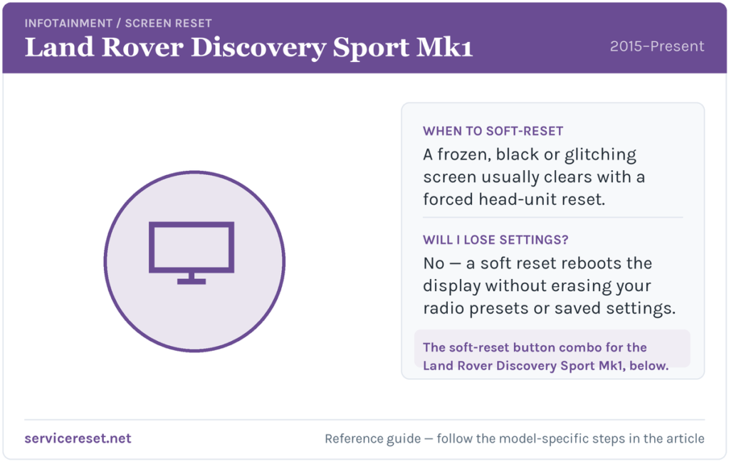 Land Rover Discovery Sport Mk1 infotainment screen soft-reset reference card.