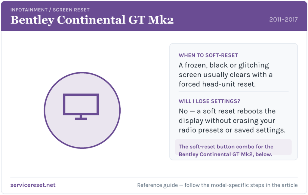 Bentley Continental GT Mk2 infotainment screen soft-reset reference card.