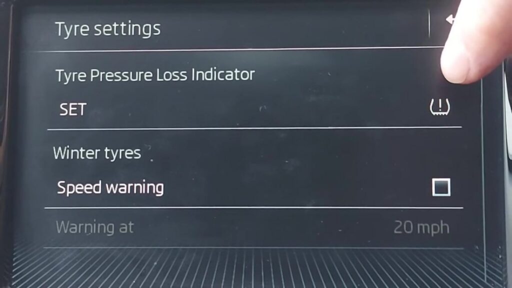 Skoda Fabia Mk3 (NJ) Bolero infotainment showing Tyre settings with the Tyre Pressure Loss Indicator SET control