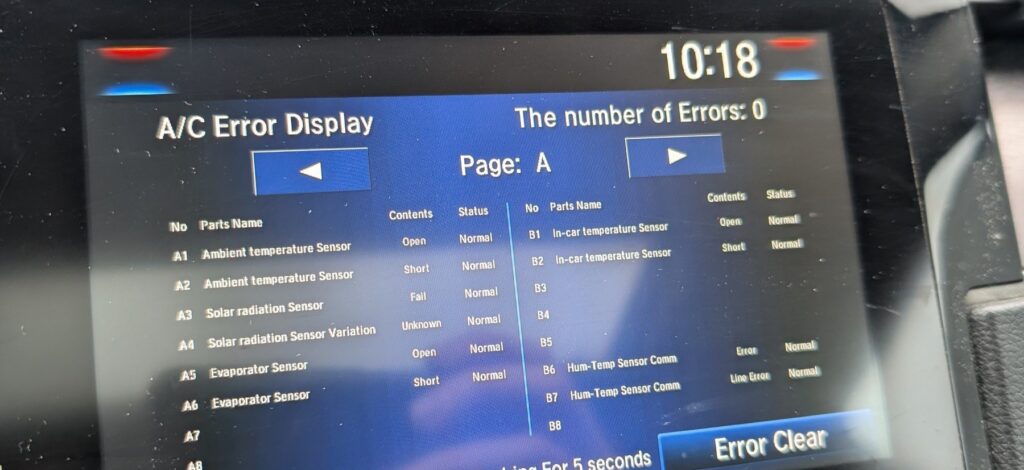 Honda Civic Mk10 A/C self-diagnostic error display screen