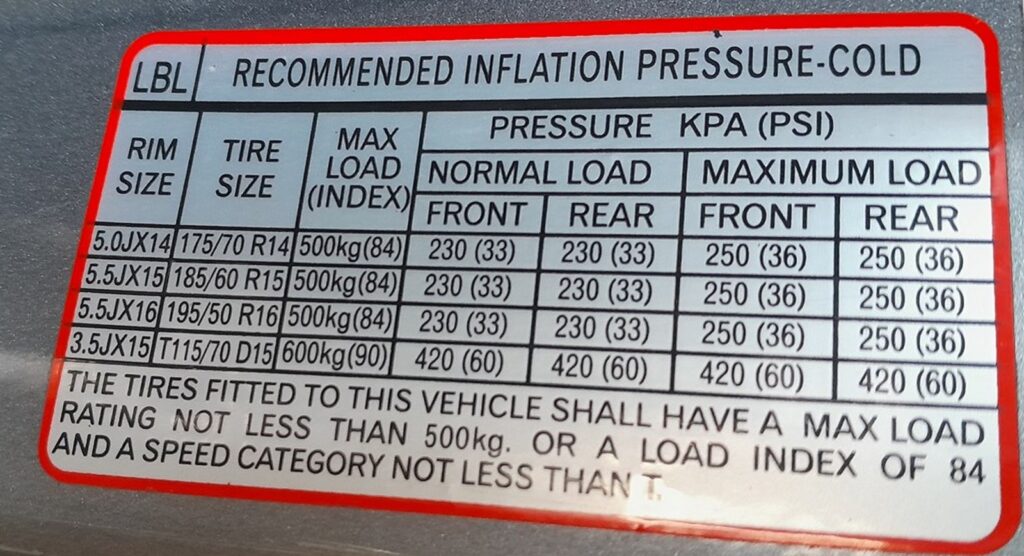 Tire pressure placard in the Hyundai i20 Mk1 driver's door aperture