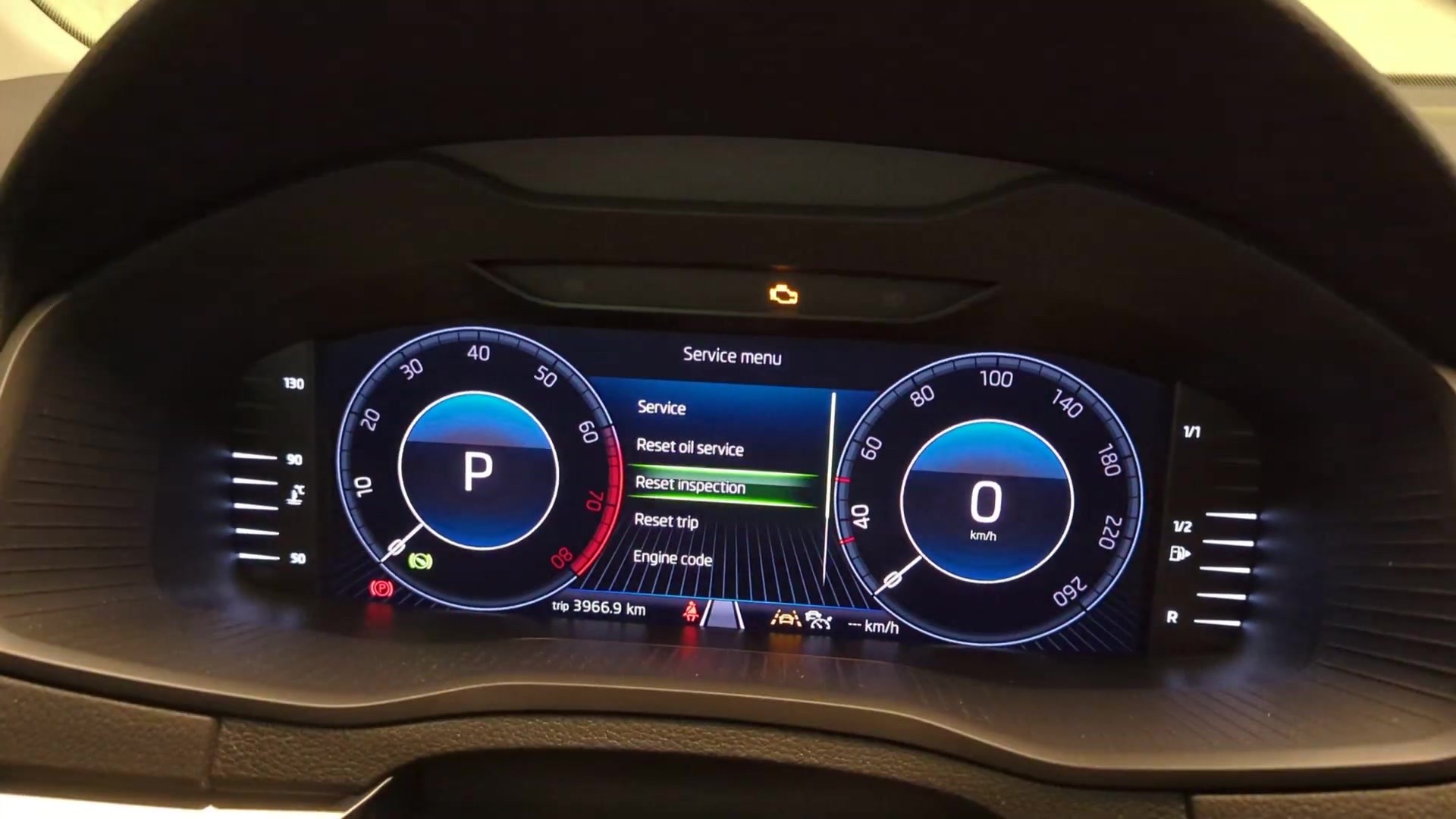 Skoda Karoq Virtual Cockpit showing the Service menu with oil and inspection reset options
