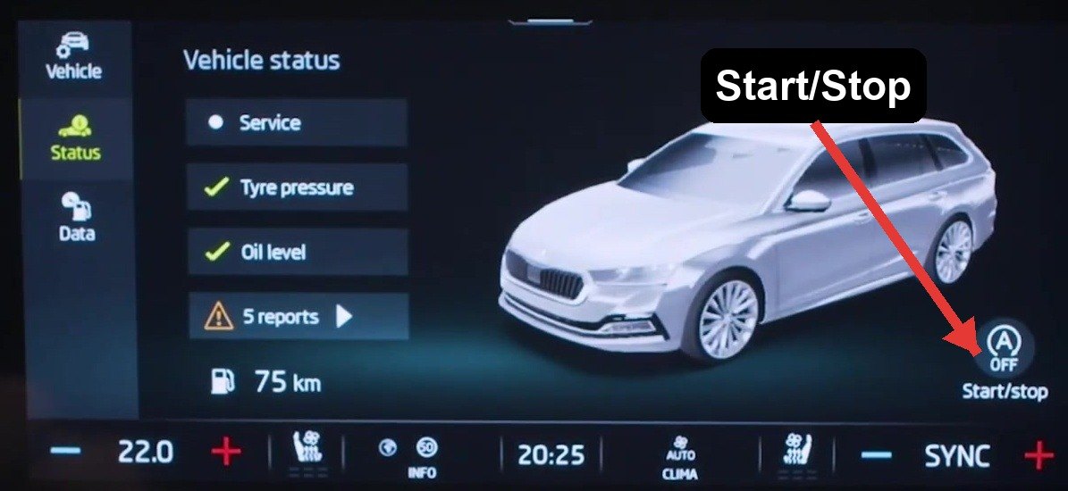 Skoda Octavia Mk4 central touchscreen showing the Vehicle status screen with the Start/Stop tile and the green A OFF icon that disables the auto start-stop system.