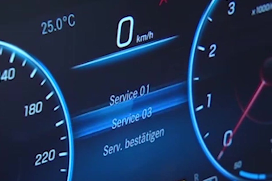 Mercedes A-Class W177 digital cluster showing the ASSYST PLUS service menu.