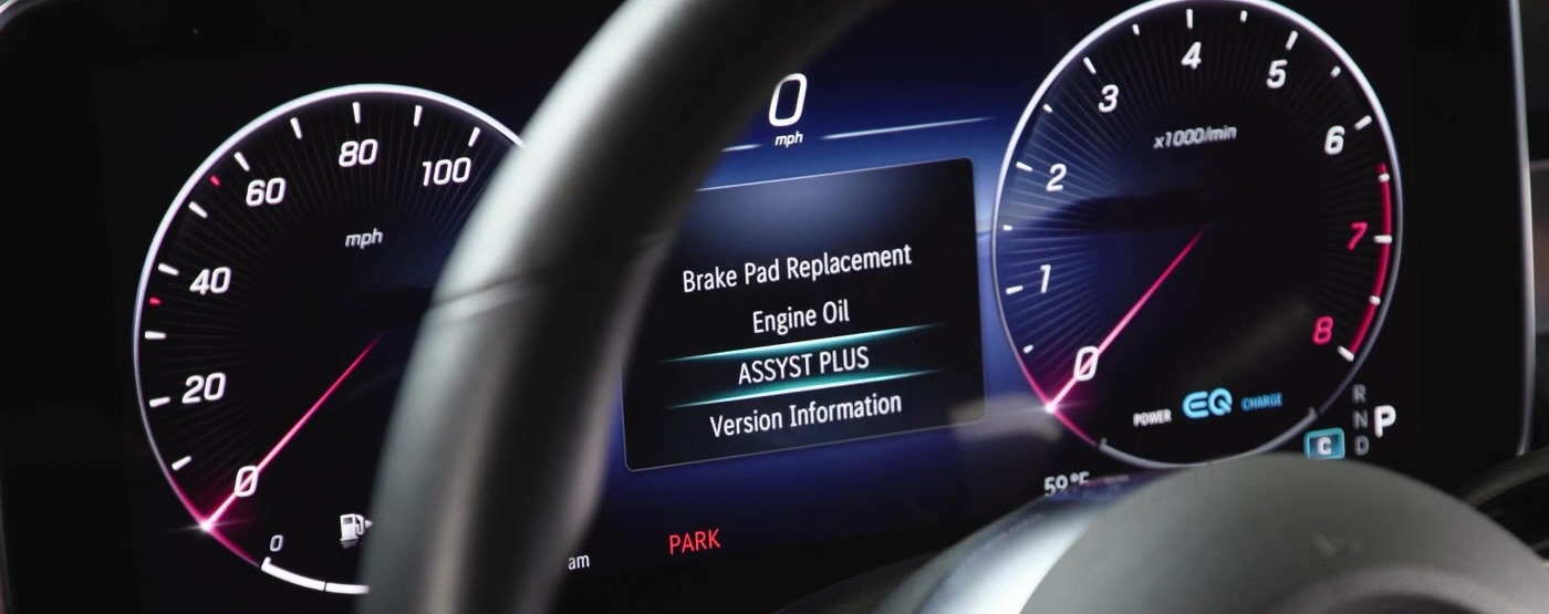 Mercedes C-Class W206 cluster showing ASSYST PLUS highlighted in the service menu