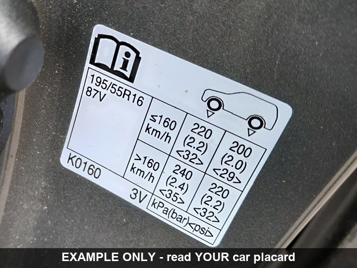Location of the tyre-pressure placard on a Toyota Yaris door pillar