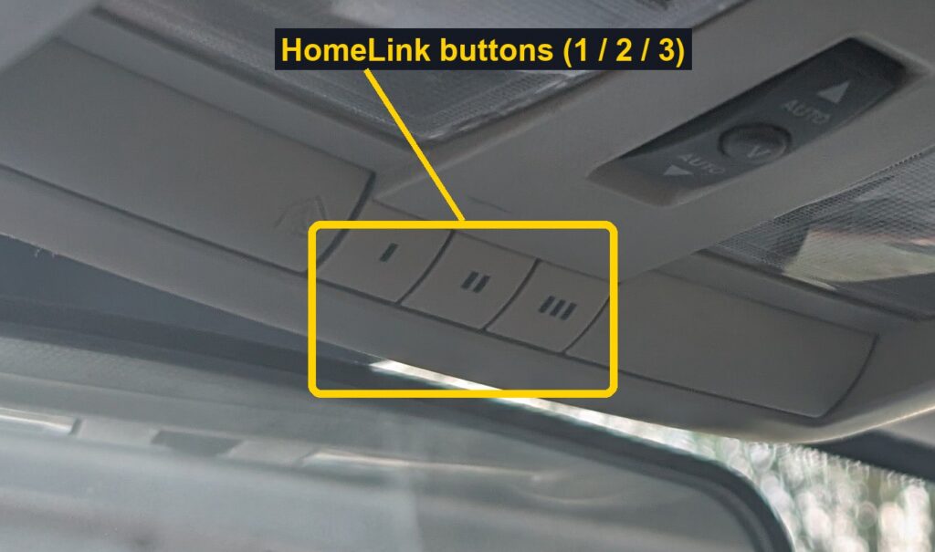 Overhead console HomeLink buttons marked with one, two and three dots on a Dodge Charger SRT8