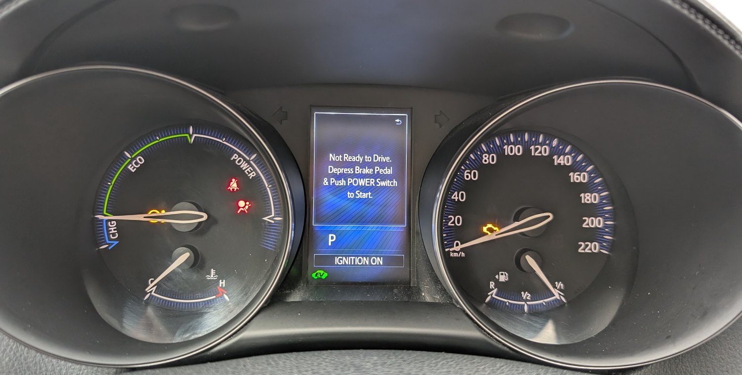 Toyota C-HR Mk1 cluster showing Not Ready to Drive, Depress Brake Pedal and Push POWER Switch to Start