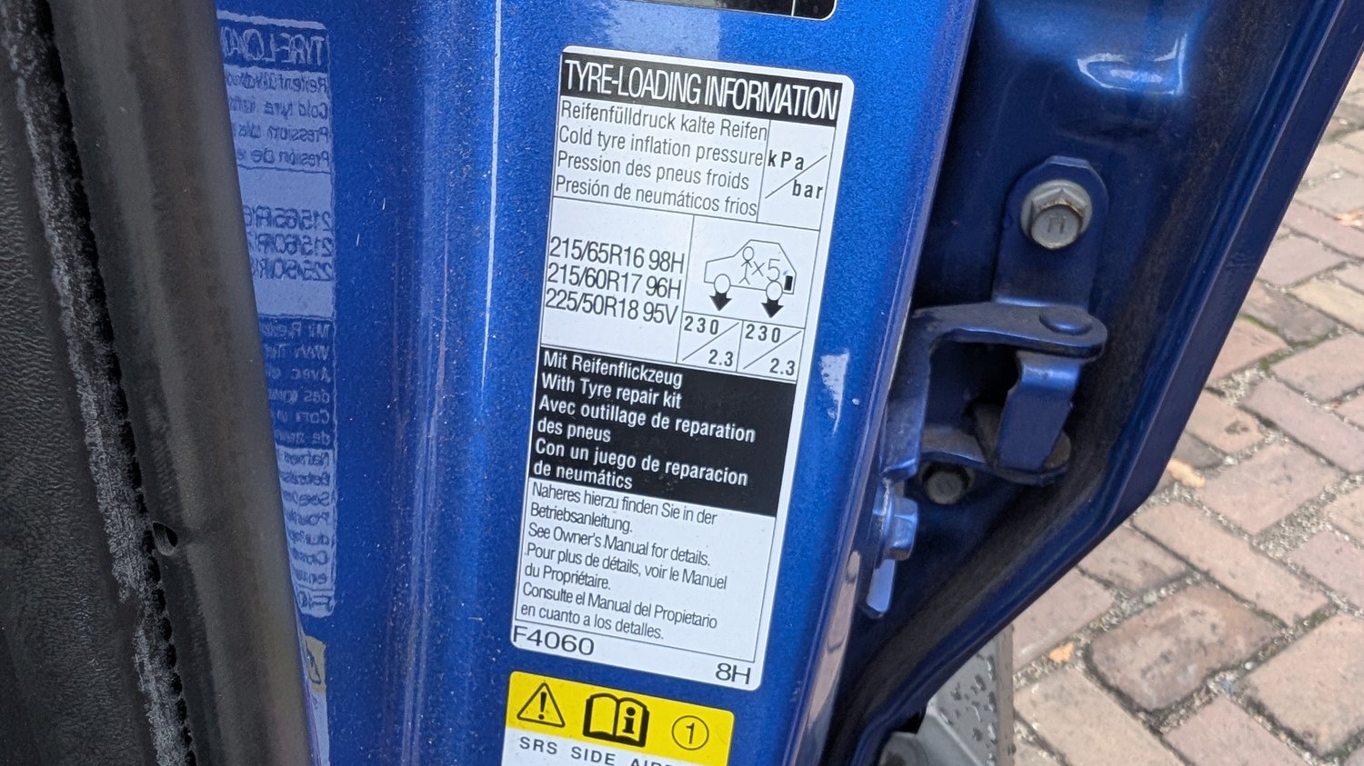 Toyota C-HR Mk1 tyre-loading placard listing cold inflation pressures
