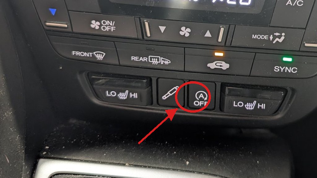 Auto Idle Stop OFF button on the Honda Civic (FK) climate panel, circled