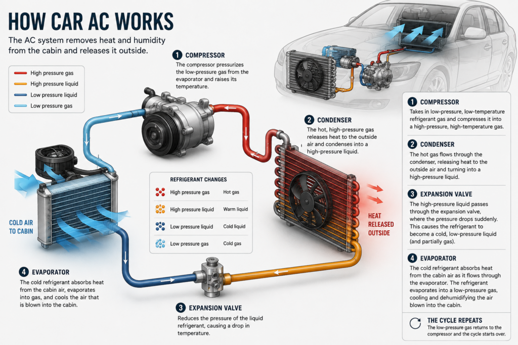 Diagram of how a car air-conditioning system works: the refrigerant cycle through compressor, condenser, expansion valve and evaporator