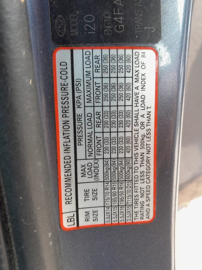 Tyre pressure placard in the Hyundai i20 Mk1 driver's door aperture
