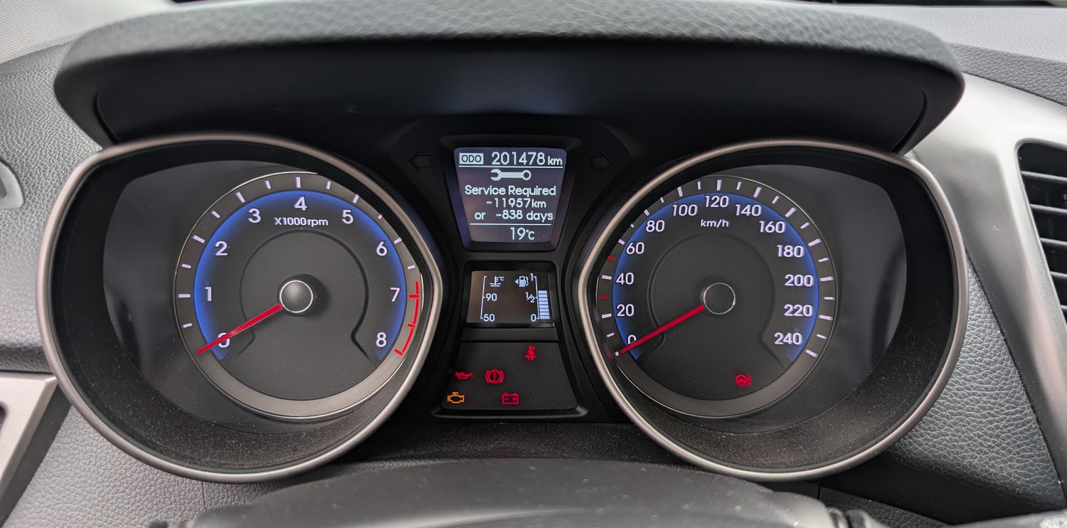 Hyundai i30 GD instrument cluster showing the Service Required message with the wrench icon and odometer