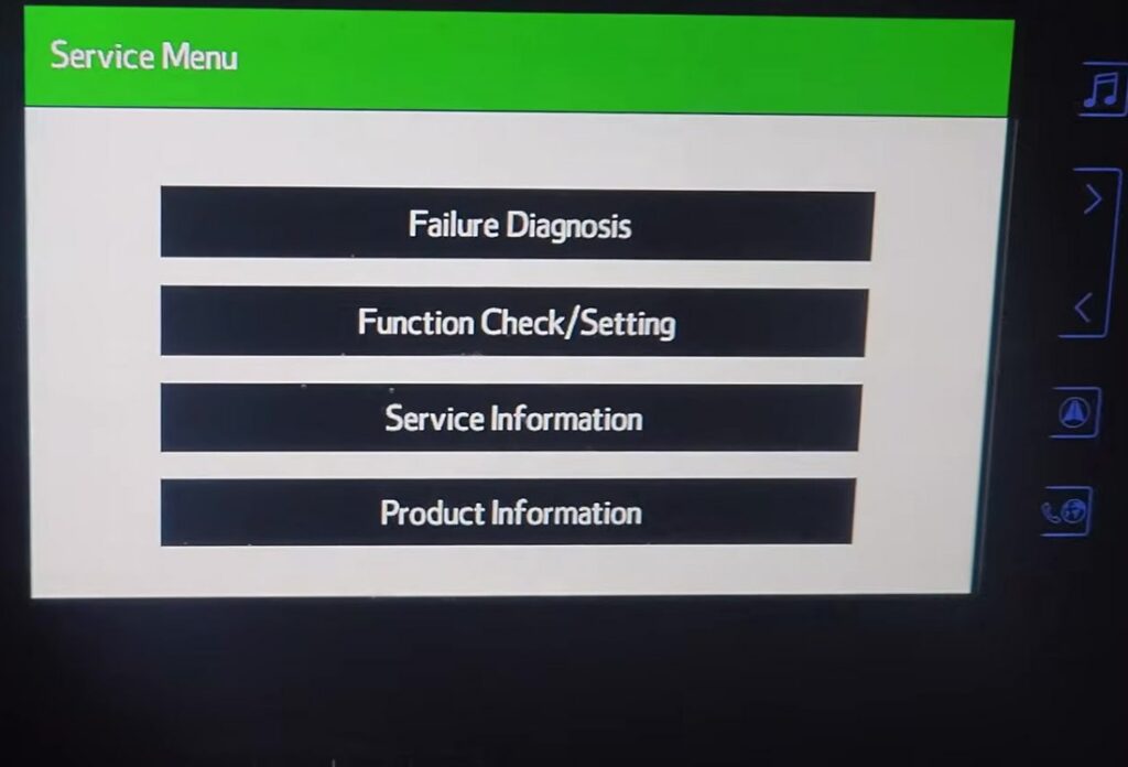 Toyota C-HR Display Audio showing the hidden green Service Menu with Failure Diagnosis, Function Check/Setting, Service Information and Product Information