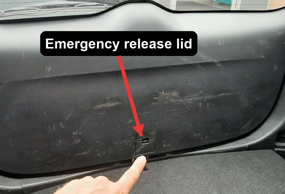Emergency tailgate release lid on the inner trim of a Mitsubishi Outlander