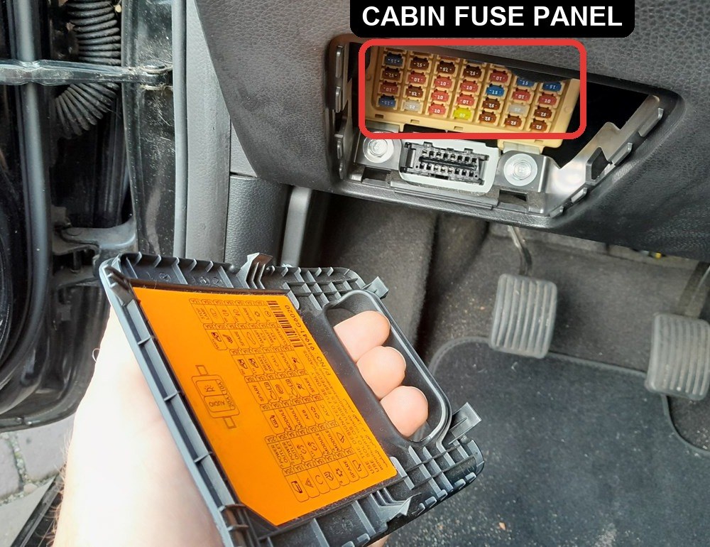 Kia Picanto cabin fuse panel open with the fuse legend cover removed