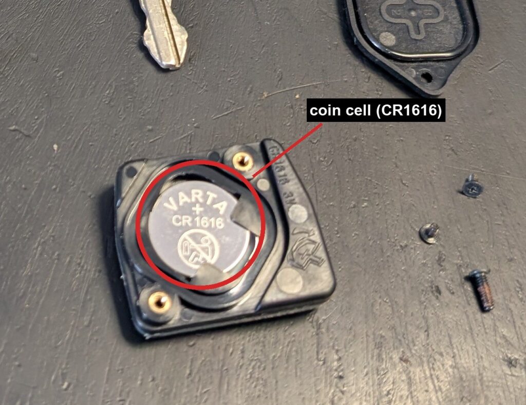 Toyota RAV4 key fob opened showing the CR1616 coin cell