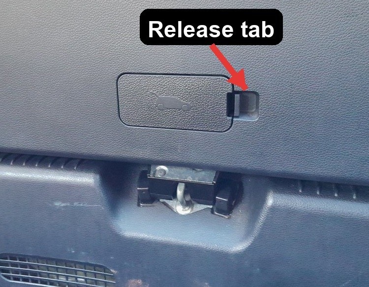 Emergency tailgate release cover with an open-car icon on the inside of a Kia Rio Mk3 tailgate, release tab arrowed
