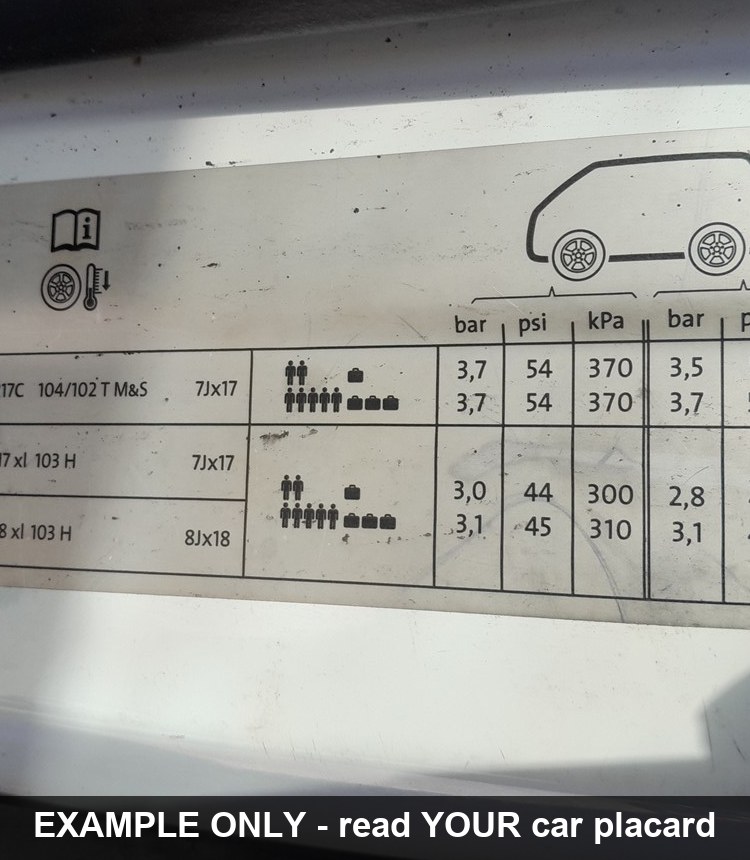 Location of the tyre-pressure placard on a VW Transporter T6 door pillar