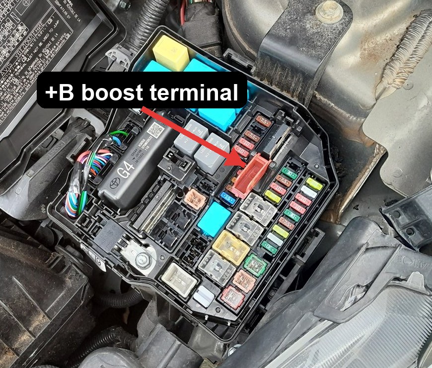 Toyota Yaris Hybrid +B jump-start boost terminal under a red flip cover in the engine-bay relay box