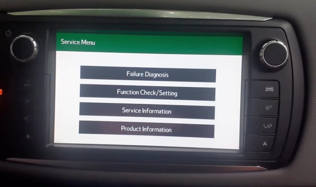 Toyota Yaris XP130 Toyota Touch 2 head unit showing the green Service Menu with Failure Diagnosis, Function Check/Setting, Service Information and Product Information