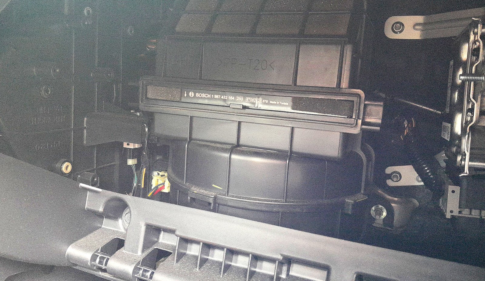 Hyundai i10 cabin pollen filter in its housing behind the glovebox