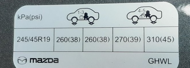 Mazda 6e tire pressure placard showing 245/45 R19 pressures