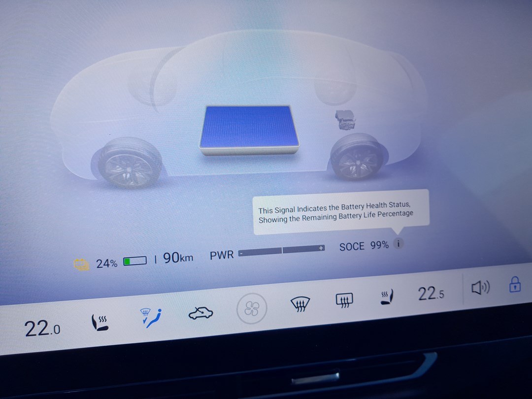 Mazda 6e battery state of health shown on the center display