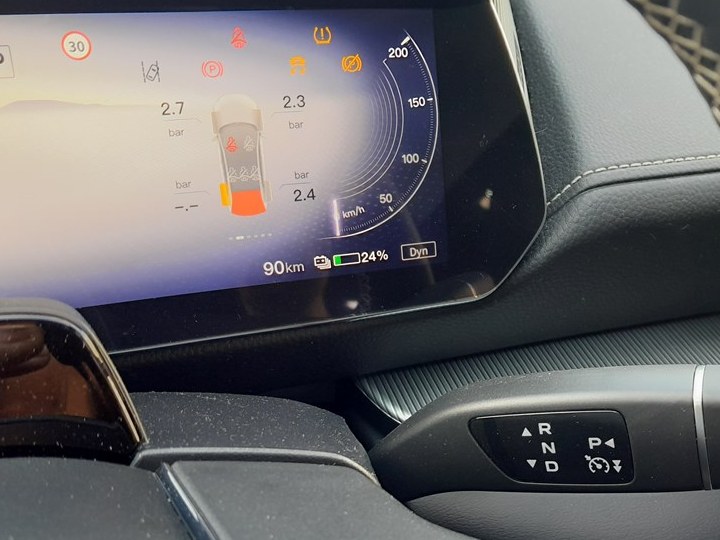Mazda 6e direct TPMS per-wheel tire pressure readout on the instrument cluster